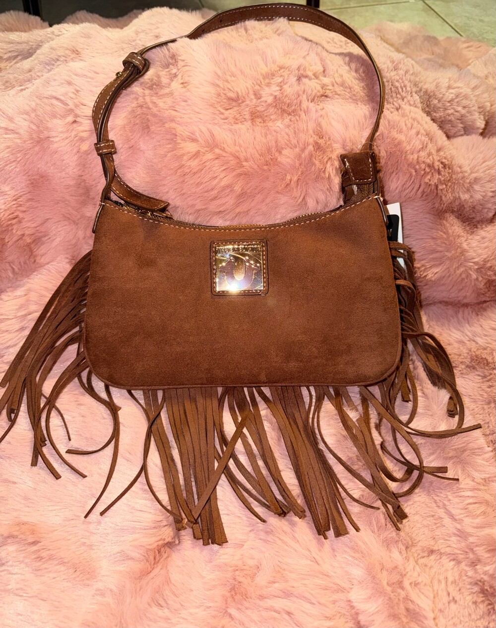 True Religion Brown Suede Fringe Shoulder Bag Adjustable Strap